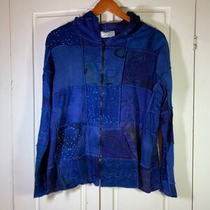 Arvanti Womens XL Blue Patchwork Zip Up Hoodie Cotton Boho Mixed Print Jacket